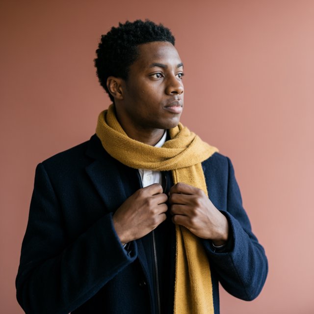 Editorial portrait of an adult Black man in his 30s wearing a deep navy wool overcoat and mustard scarf, fingers adjusting the scarf, thoughtful expression, muted terracotta studio backdrop, crisp cool window light. — Krea 2 Large