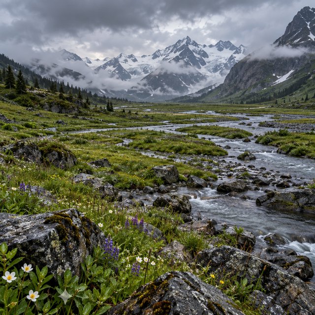 A windswept alpine meadow beneath heavy morning clouds, fresh rain darkening the grasses, a braided stream winding toward distant snowcapped peaks, tiny wildflowers and wet stones sharpening the foreground texture and layered depth. — GPT Image 2.5 Sunburst