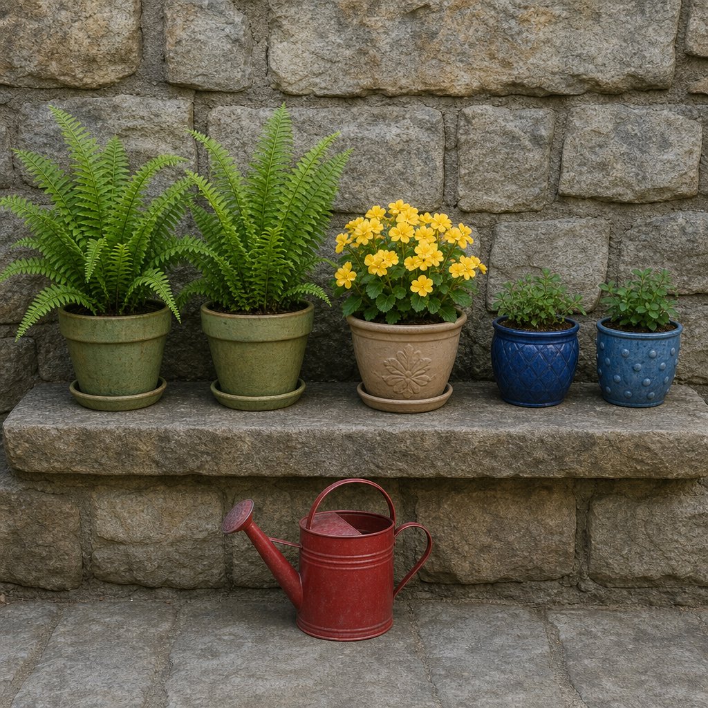 Exactly five potted plants stand on a stone ledge: two tall green ferns on the left, one flowering yellow plant in the center, and two small blue pots on the right. A red watering can sits below, nothing else. — GPT Image 2