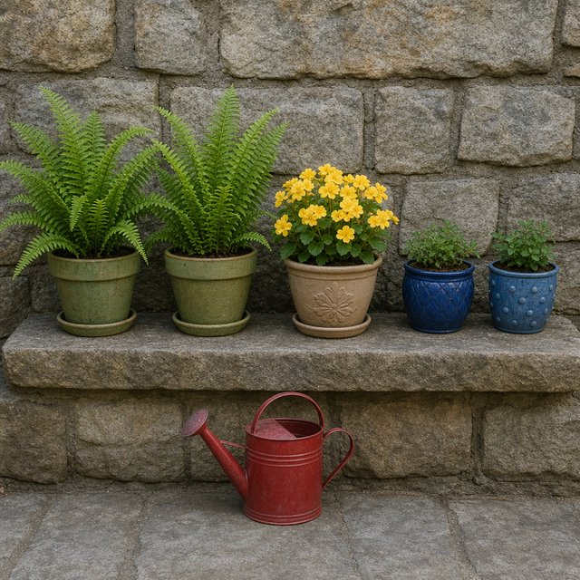 Exactly five potted plants stand on a stone ledge: two tall green ferns on the left, one flowering yellow plant in the center, and two small blue pots on the right. A red watering can sits below, nothing else. — GPT Image 2