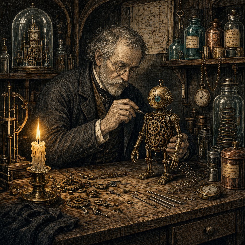 Engraved ink illustration of an adult clockmaker assembling a whimsical brass automaton in a candlelit workshop, with gears, springs, and glass jars surrounding the bench. Palette of charcoal, copper, teal, and honey yellow, with crisp crosshatching and warm shadows. — Grok Imagine Image 2