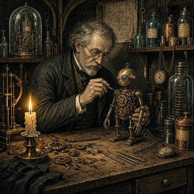 Engraved ink illustration of an adult clockmaker assembling a whimsical brass automaton in a candlelit workshop, with gears, springs, and glass jars surrounding the bench. Palette of charcoal, copper, teal, and honey yellow, with crisp crosshatching and warm shadows. — Grok Imagine Image 2