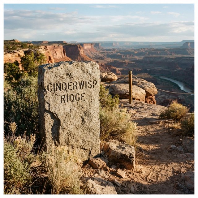 At a high desert canyon overlook, a weathered granite trail marker rises among sage and pale grasses; "CINDERWISP RIDGE" is deeply carved across its broad face, the cut letters catching slanting amber light. — Nano Banana 2 Lite