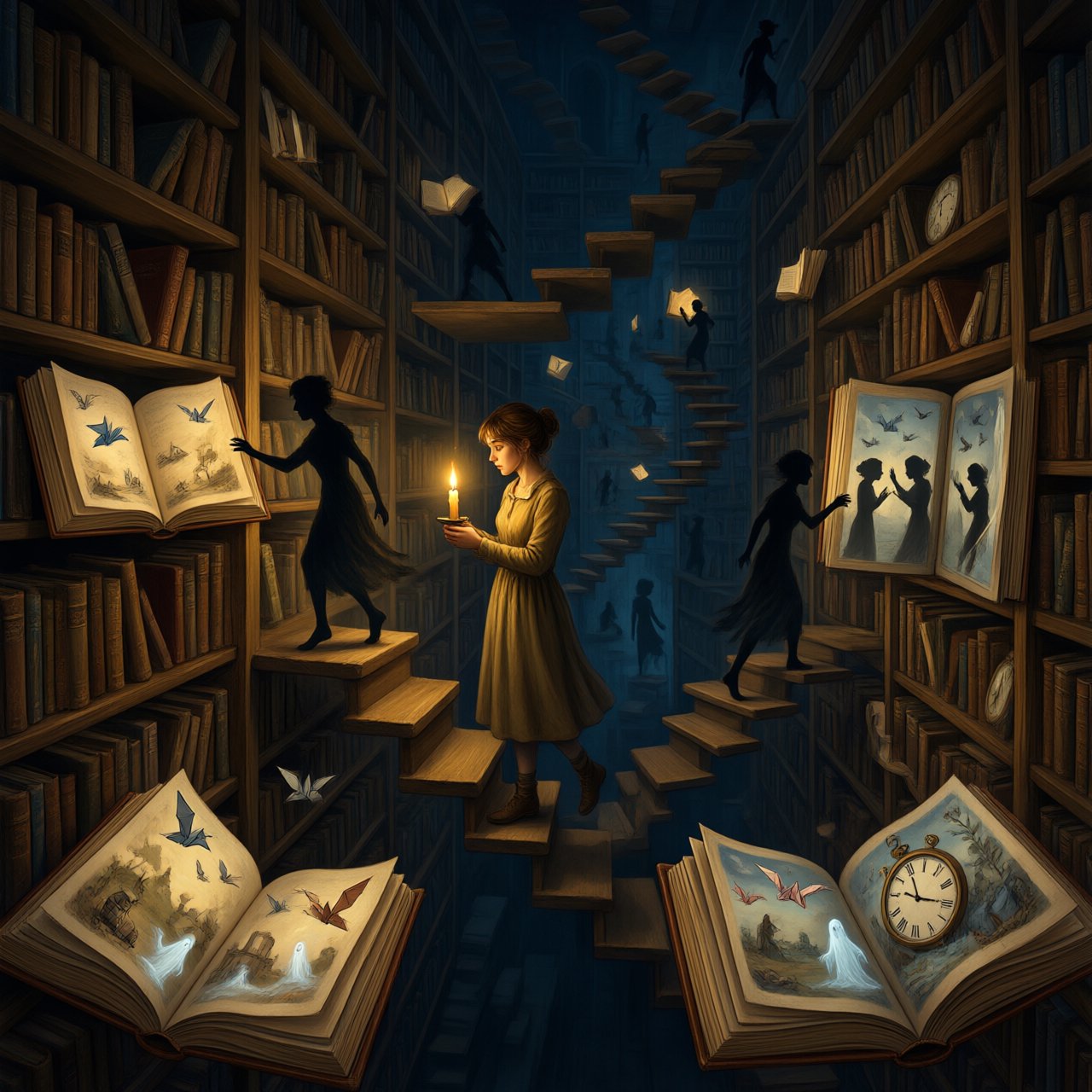 In an infinite library where floating staircases defy gravity, a young woman carries a candle through endless shelves. Her shadow has quietly detached itself from her feet and now wanders independently among the towering bookcases, secretly opening glowing books filled with forgotten memories. Each open page reveals miniature worlds: flying origami birds, drifting clocks, and tiny ghostly figures. The woman's candlelight creates impossible reflections, revealing dozens of alternative shadows with distinct personalities. Dreamlike surrealism, warm golden candlelight set against deep blue darkness, intricate details, magical realism, painterly. — Qwen Image 3.0