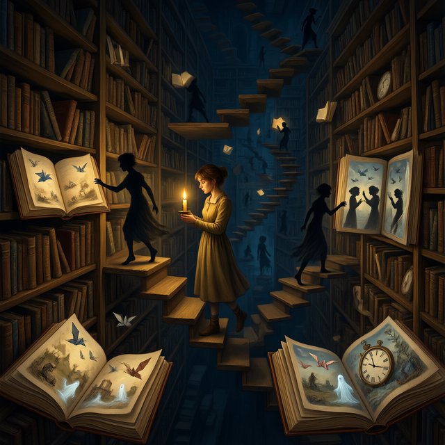 In an infinite library where floating staircases defy gravity, a young woman carries a candle through endless shelves. Her shadow has quietly detached itself from her feet and now wanders independently among the towering bookcases, secretly opening glowing books filled with forgotten memories. Each open page reveals miniature worlds: flying origami birds, drifting clocks, and tiny ghostly figures. The woman's candlelight creates impossible reflections, revealing dozens of alternative shadows with distinct personalities. Dreamlike surrealism, warm golden candlelight set against deep blue darkness, intricate details, magical realism, painterly. — Qwen Image 3.0