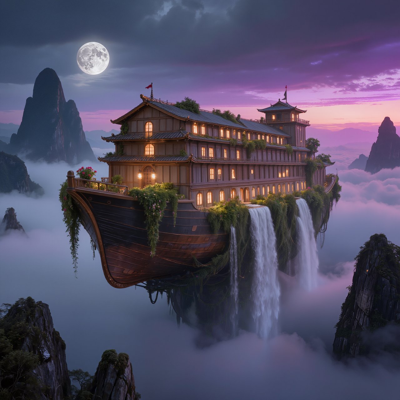 A colossal floating archive-ship drifts above storm clouds, its bronze hull wrapped in hanging gardens and luminous windows, while waterfalls spill into the sky. Distant mountain peaks pierce the cloud sea beneath a violet sunset and cold silver moonlight. — Kling v3
