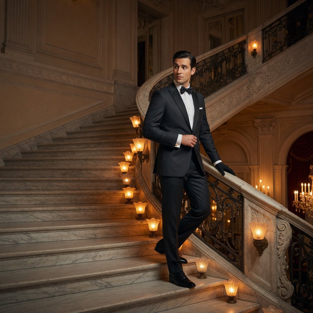 A tall adult man in a charcoal evening suit pauses halfway down a sweeping hotel staircase, caught glancing toward the ballroom as amber sconces cast sculpted light across stone; crisp tailoring and composed fashion-magazine polish. — Grok Imagine Image Quality