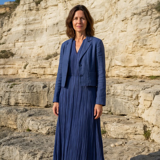 Across a basalt terrace, an adult woman in her early forties poses in a full-length fashion photograph, wearing a pleated indigo silk dress and cropped linen jacket, her composed half-smile lit by hard afternoon sunlight from one side against a pale limestone ridge. — Qwen Image 3.0