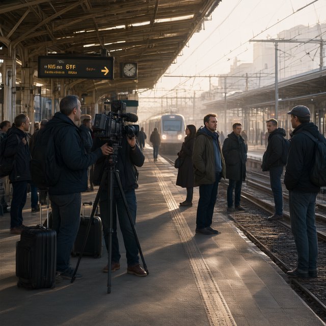 Across a broad station platform, adult commuters wait in loose clusters as a train approaches through pale dawn haze. A real-world press photograph uses a 135mm lens and deep focus; fine brake dust hangs in the sunlit air. — Qwen Image 3.0