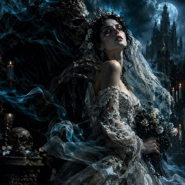 Baroque-style digital dark fantasy and cinematic Gothic horror; painterly realism, chiaroscuro à la Caravaggio; cool color palette of blues and turquoises, deep black shadows; swirling magical smoke, dynamic diagonal composition; intricate lace fabrics, detailed skin and creature textures; volumetric lighting, elegant, fluid movement; fantasy book cover illustration; dramatic storytelling, atmospheric depth. Gothic bride — GPT Image 2.5 Flare