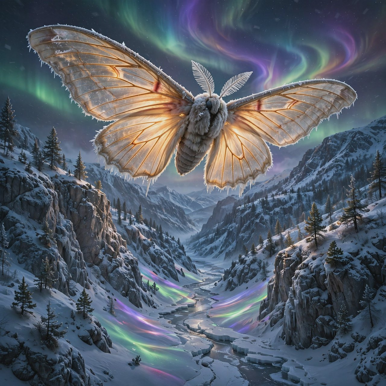 A cathedral-sized mothlike creature glides above a frozen ravine, its translucent wings veined with amber light and fringed with frost. Tiny mountain pines cling to the cliffs as aurora colors ripple across the snow. — Muse Image 1.0