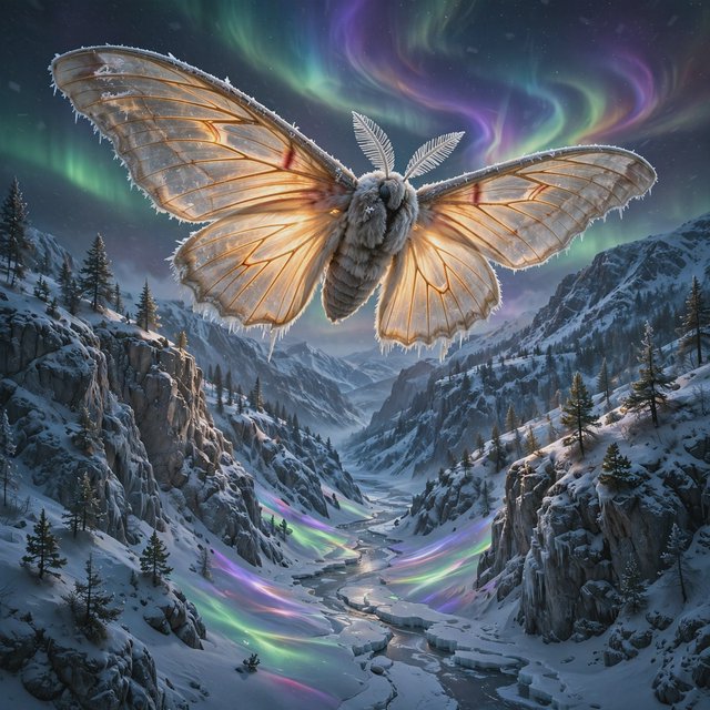 A cathedral-sized mothlike creature glides above a frozen ravine, its translucent wings veined with amber light and fringed with frost. Tiny mountain pines cling to the cliffs as aurora colors ripple across the snow. — Muse Image 1.0