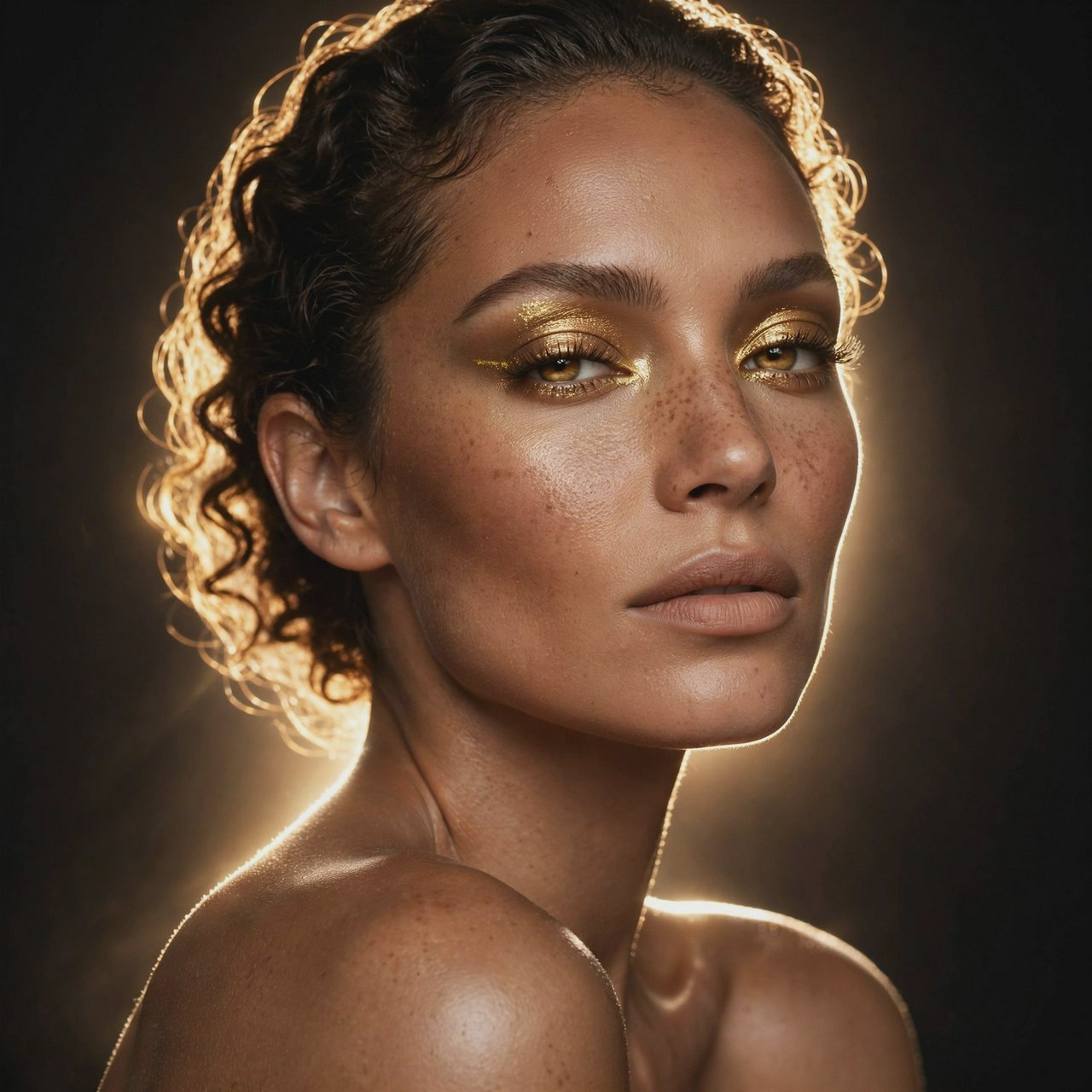 Beauty close-up of an adult woman with bronzed skin and gold eye makeup, bare shoulders, studio backlight halo, high-end campaign look. — Muse Image 1.0