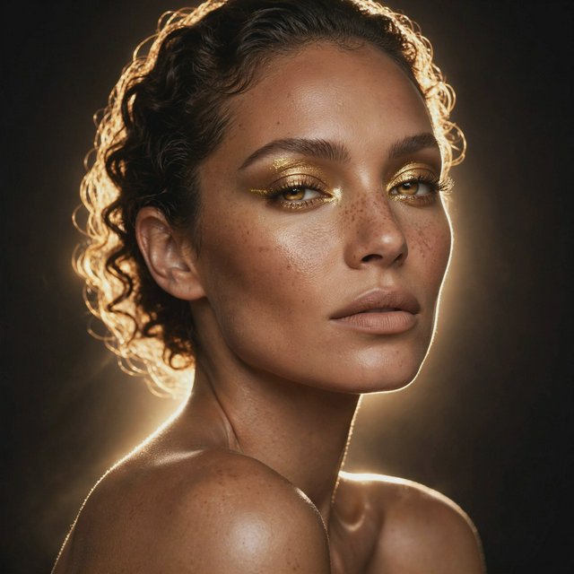 Beauty close-up of an adult woman with bronzed skin and gold eye makeup, bare shoulders, studio backlight halo, high-end campaign look. — Muse Image 1.0