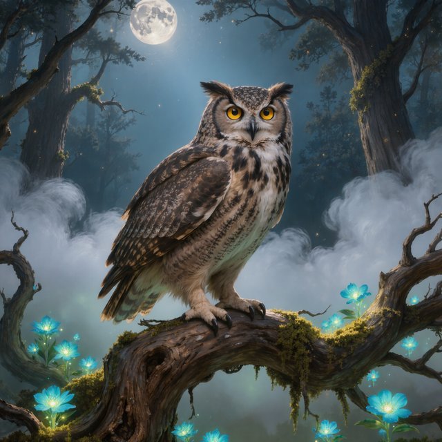 A majestic owl with ancient, knowing eyes perched on a gnarled branch within an ethereal forest. Moonlight filters through the dense canopy, illuminating swirling mists and glowing flora. The scene evokes a sense of deep mystery and ancient magic. Rendered in the style of magical realism with rich oil painting textures. — Kling v3 Omni