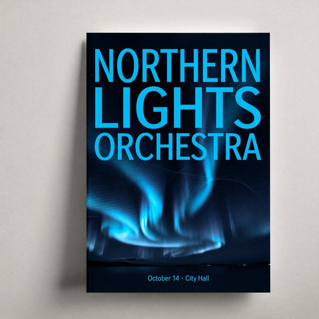 A minimalist concert poster with the words "NORTHERN LIGHTS ORCHESTRA" large at the top and "October 14 · City Hall" small at the bottom, two-colour print. — ImagineArt 1.5 Pro