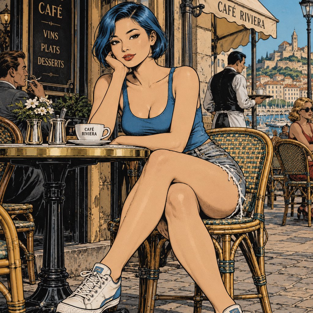 Classic American adventure-comic art with a strong 1930s–1950s pulp and Hollywood glamour influence. Exceptionally polished pen-and-ink draftsmanship, elegant controlled outlines, varied line weight, precise feathering, restrained crosshatching, and carefully placed solid blacks. Realistic but gracefully idealized anatomy, believable weight and balance, expressive naturalistic faces, and subtle character acting. Attractive characters with vintage glamour, sculpted features, and meticulously rendered hair. Strong three-dimensional form, convincing fabric folds, polished metal, leather, and other materials rendered with clarity and care. Romantic retro adventure atmosphere, richly detailed without clutter. Traditional hand-inked comic look, restrained flat colors. Avoid modern superhero exaggeration, extreme musculature, heavy digital rendering, and photorealism. A beautiful Asian woman sits at a cafe table, legs crossed. Blue tank top, torn shorts, sneakers, short bob hair dyed blue. — GPT Image 2.5 Sunburst