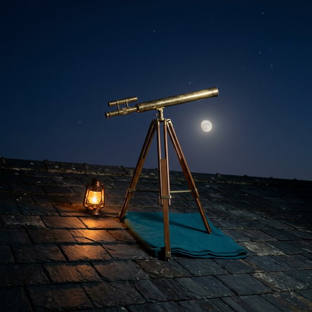 On a slate rooftop, exactly one brass telescope points east; one amber lantern sits to its left, one folded teal blanket lies beneath the tripod, and one pale moon hangs behind it in the clear sky, nothing else. — Model 15