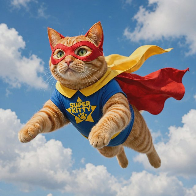 A cat flying in the sky wearing a super kitty costume. — Muse Image 1.0