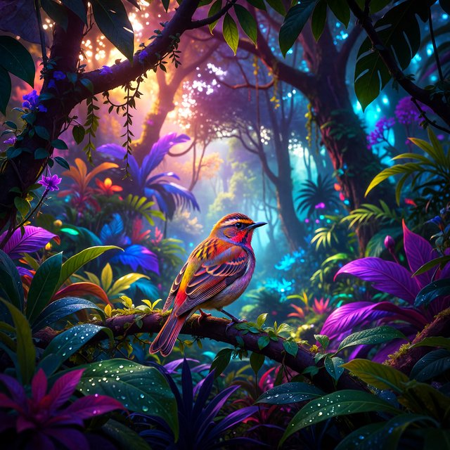 Create a vibrant digital artwork with clean lines depicting a small, colorful bird in the jungle. Combine rich, warm tones—such as soft orange, bold red, and dynamic yellow—with cool colors like brilliant blue, emerald green, and radiant violet. The atmosphere should feel fairytale-like, enhanced by striking lighting that underscores the scene's magic. Use bright, bold colors harmoniously to create a balanced composition. The overall style should be imaginative and captivating, transporting the viewer to another world. — ImagineArt 1.5 Pro