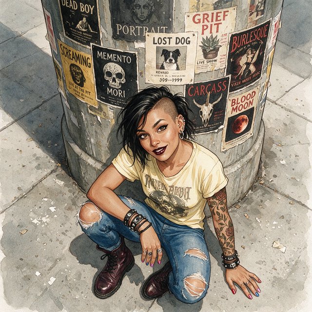 Realistic India ink illustration with crisp black lines, realistic anatomy and proportions, and watercolor fills; black ink outlines remain visible. Full-length, overhead view. A Latina woman sits on the pavement with her back against an enormous, thick round downtown pillar covered in posters for bands, art shows, burlesque, and a lost dog. One hand rests on the pavement, the other on an ankle. She tilts her head back, looking up at the viewer with a confident smile. Character: 25-year-old woman, medium-brown skin, slim build, edgy punk/goth appearance. Black asymmetrical undercut, right side shaved, longer top brushed across forehead, short messy ponytail. Sharp features, arched brows, brown almond-shaped eyes, heavy eyeliner, dark burgundy lipstick, six ear piercings. Each fingernail a different color. Loose pale-yellow graphic T-shirt, ripped blue jeans, dark red combat boots. Full left-arm sleeve tattoo of vines, leaves, and red roses. Thick black leather bracelets on both wrists. — Seedream 5.0 Pro