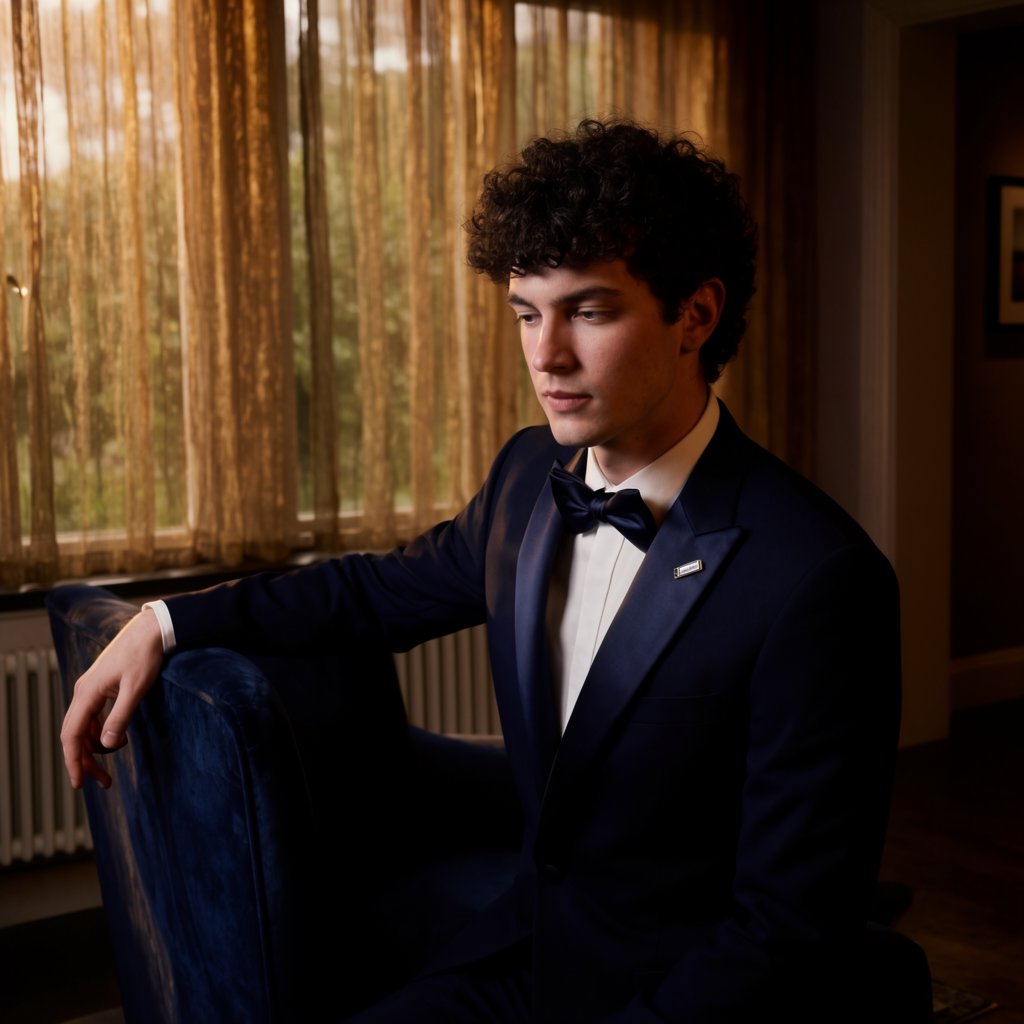Editorial glamour photograph of an adult man in a midnight-blue tuxedo, standing naturally beside a velvet chair in a quiet hotel lounge, flattering amber window light, relaxed expression, polished magazine composition. — Krea 2 Large