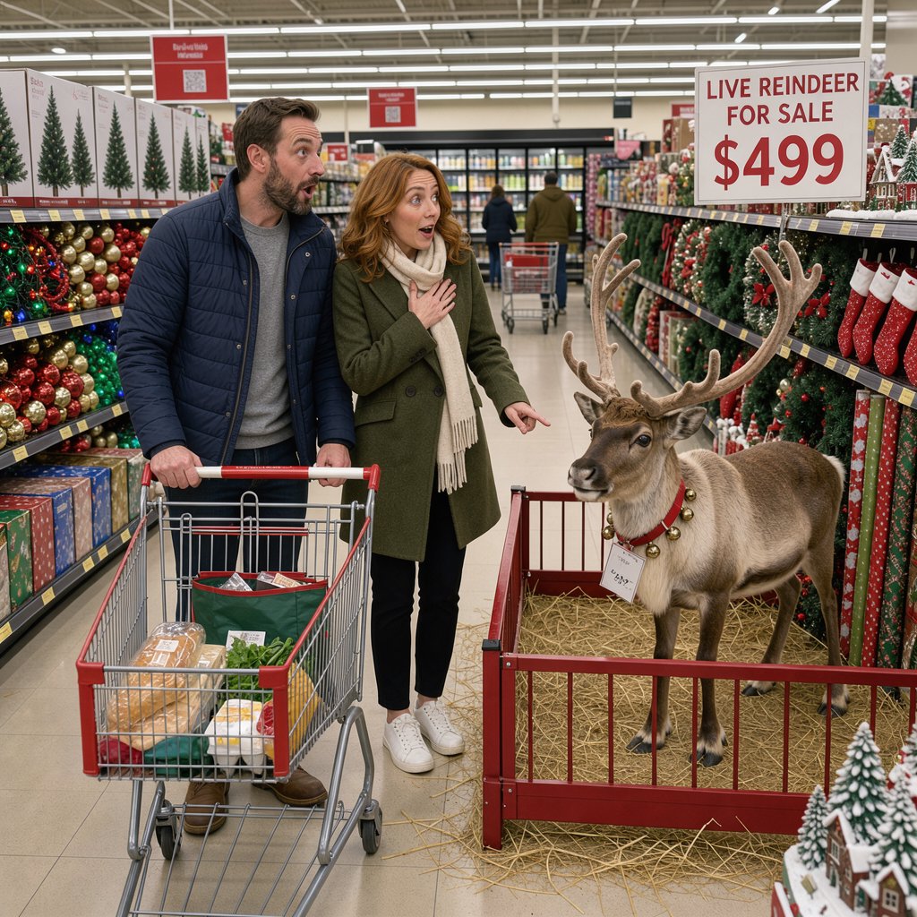 A husband and wife are shopping in a large, well-lit supermarket. They are surprised by what is for sale in the Christmas aisle. — FLUX 3 Image