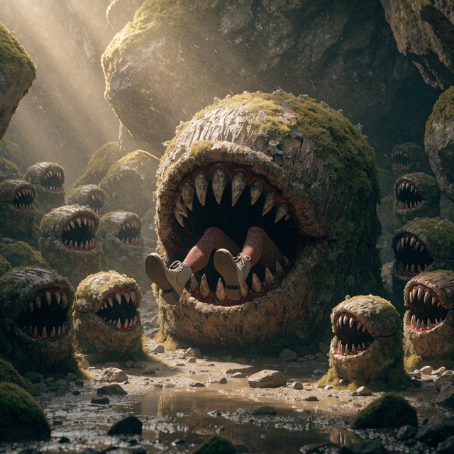 An adult swallowed by an inert mimic chest, with their legs in stockings sticking out of the chest and kicking around. A bunch of envious, cute mimic chests surround it, looking obviously jealous. — Recraft v4