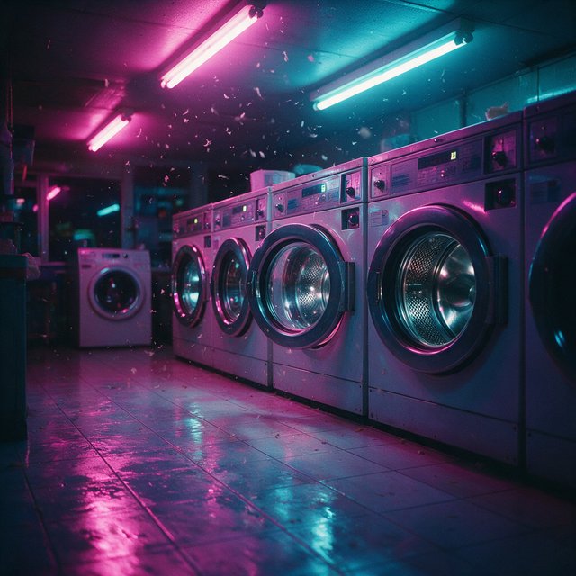 Neon washes a nearly empty overnight laundromat, reflections trembling across tiled floor and spinning steel drums. A handheld street snapshot under magenta and cyan tubes, shot at 35mm with moderate depth of field, catches lint drifting in the air. — Seedream 5.0 Pro