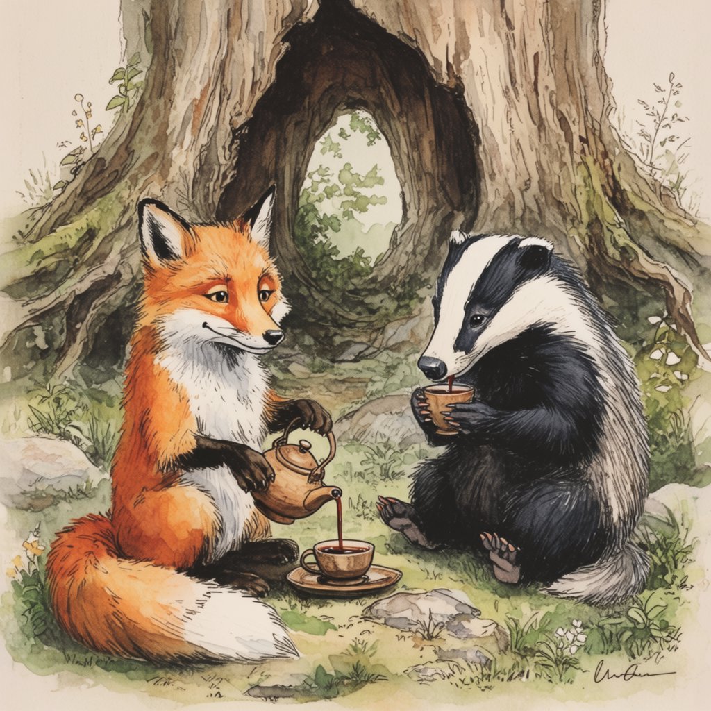 Children's book illustration of a fox and a badger sharing tea in a hollow tree, watercolour and ink, warm and gentle. — Krea 2 Large