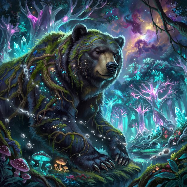 A colossal ancient bear, its fur woven with moss and starlight, stands at the edge of a shimmering, otherworldly forest. The trees are made of crystal and emit a soft, ethereal glow. In the distance, a nebula swirls in the twilight sky. The scene is rendered in a fantasy art style, with surrealist elements and cinematic lighting that emphasizes the majestic scale of nature. — ImagineArt 2