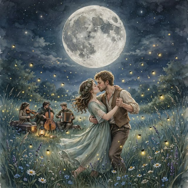 An illustration of a young adult European couple sharing a kiss while dancing in a moonlit meadow, with tall grass, fireflies, musicians playing music, and a huge silver moon overhead. — Muse Image 1.0