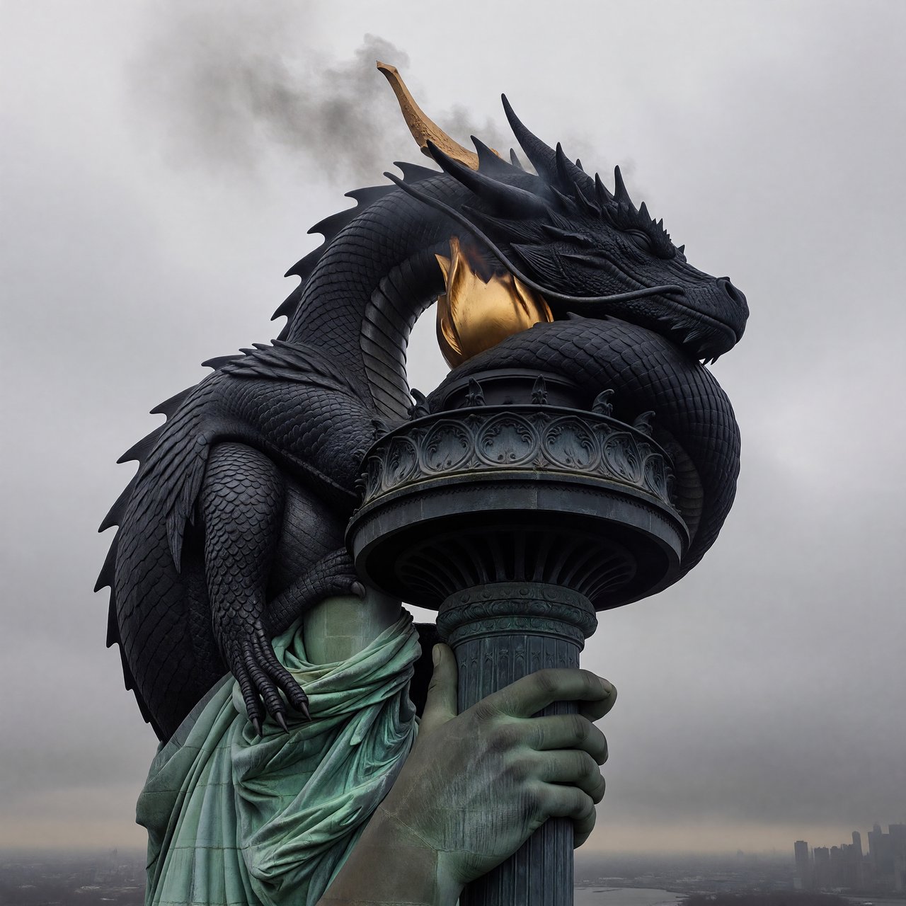 A dragon sleeping on the Statue of Liberty on a moody, overcast day. — ImagineArt 1.5 Pro