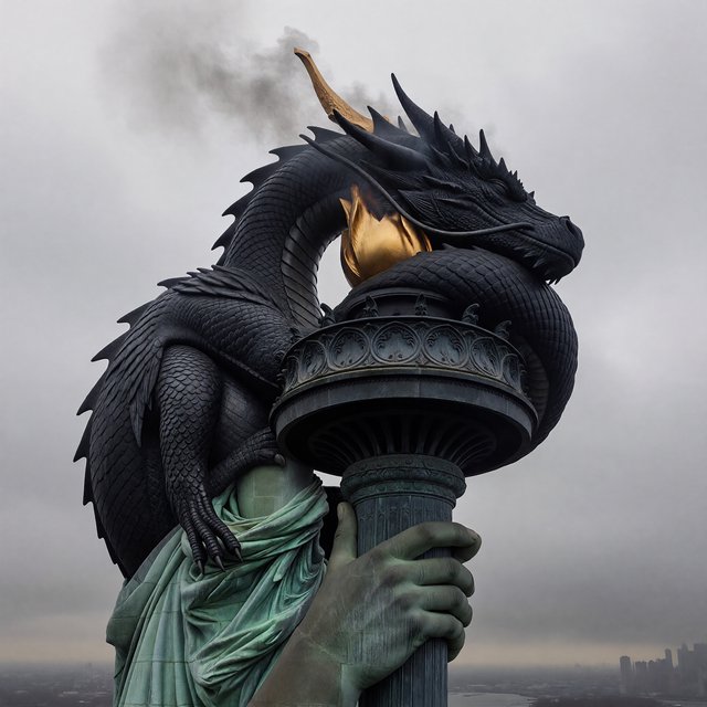 A dragon sleeping on the Statue of Liberty on a moody, overcast day. — ImagineArt 1.5 Pro