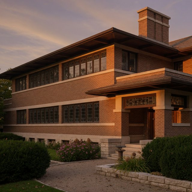 Exterior of a Prairie School residence with broad overhanging eaves, warm brick, limestone courses, and ribbon windows; amber evening light grazes the facade, viewed obliquely from a garden path, with disciplined horizontal lines and credible structure. — Grok Imagine Image Quality