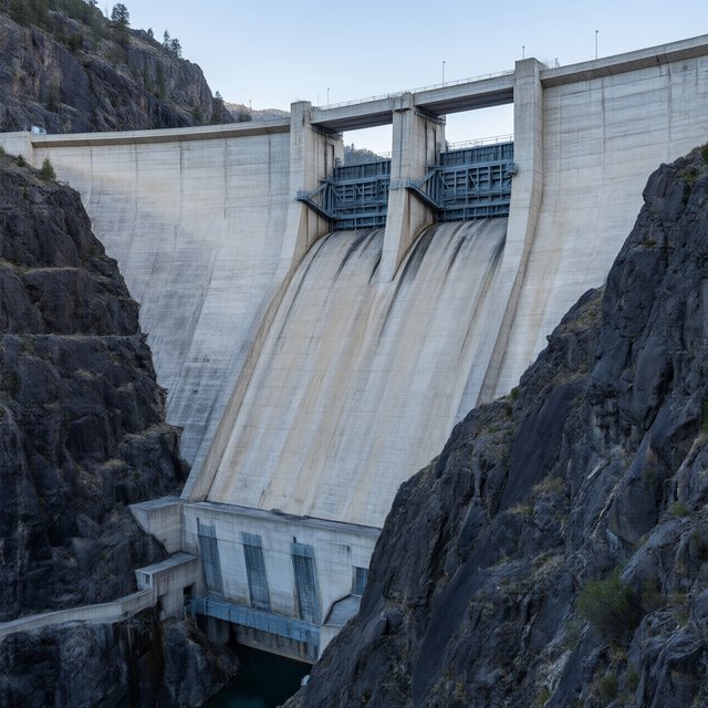 A broad hydroelectric dam in contemporary Brutalist engineering style spans a rocky gorge, its pale concrete face anchored by dark basalt abutments and steel gates; cool dawn light, viewed from downstream, with convincing load-bearing geometry. — Model 17