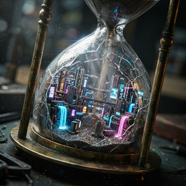 A macro close-up of a miniature glowing cyberpunk city built entirely inside a hollow cracked hourglass, tiny illuminated skyscrapers, flowing neon waterfalls, volumetric light rays piercing through sand, dark moody cinematic lighting, photorealistic depth of field — Nano Banana 2.1