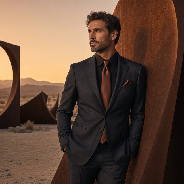 Editorial glamour photograph of an adult man in a charcoal evening suit with a muted copper tie, standing at ease beside a desert art installation, flattering sunset light warming the sculptural landscape, composed expression and refined magazine atmosphere. — GPT Image 2