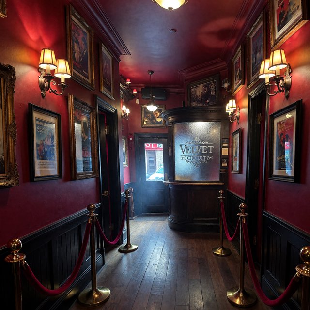 A narrow neighborhood cinema lobby glows with amber sconces, velvet ropes, and framed film stills; "VELVET CIRCUIT" is etched in elegant silver lettering across the frosted glass ticket-booth window. — ImagineArt 1.5 Pro