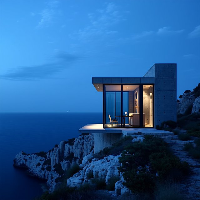 Exterior of a small concrete-and-glass house on a cliff above the sea, dusk, interior lights on, architectural photography. — Midjourney Niji 7