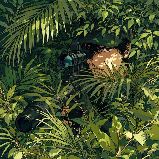 An adult sniper concealed in dense jungle foliage, aiming at a distant target, with a close-up view of his focused face. — Model 11
