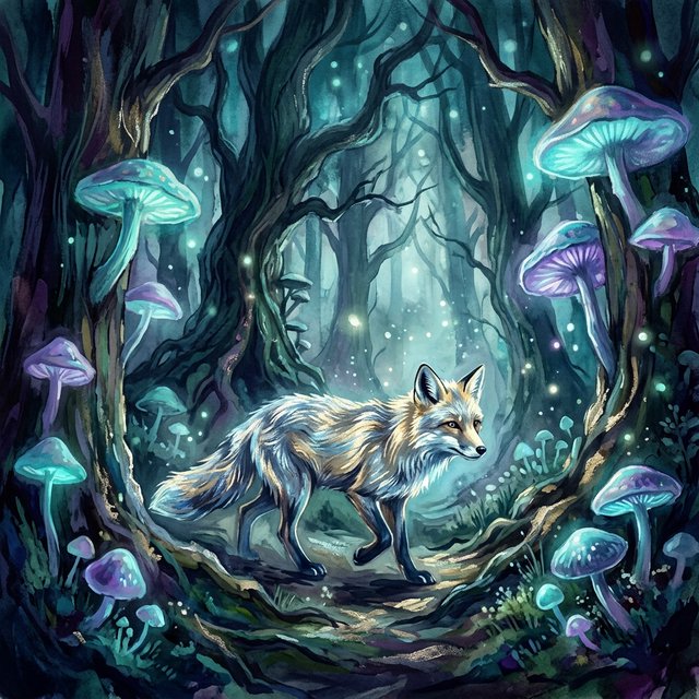 A solitary fox with fur like molten moonlight walks through an ethereal forest. Towering, bioluminescent fungi illuminate the path, casting an otherworldly glow. The style is reminiscent of early 20th-century magical realism, with bold, gestural brushstrokes akin to abstract expressionism, and a watercolor-like diffusion of light. — Model 15