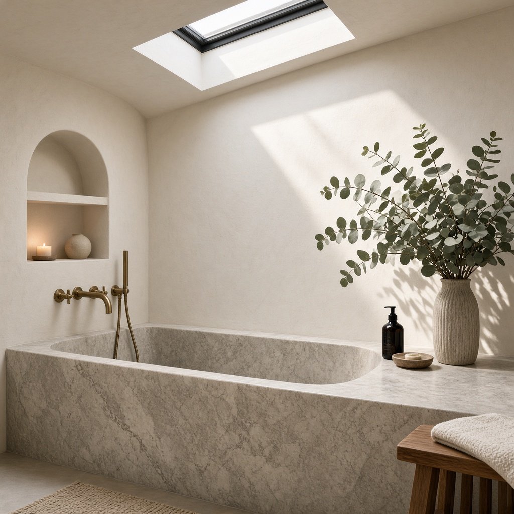 A spa bathroom with a stone tub, a skylight, plaster walls in warm white, eucalyptus in a vase, soft shadows. — Grok Imagine Image 2