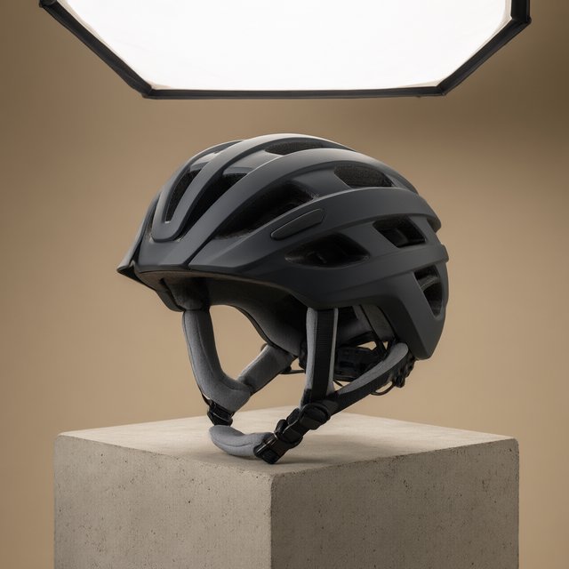 Commercial product photograph of an unbranded folding bicycle helmet made from matte charcoal polymer with soft gray padding, resting on a honed concrete plinth against a muted sand background, illuminated by a broad overhead softbox and gentle rim light. — Qwen Image 3.0
