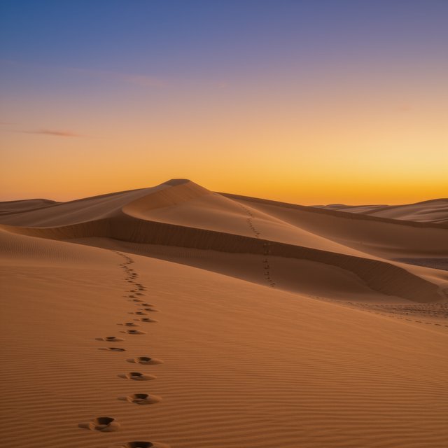Sand dunes at sunset with wind-blown ridges, one set of footprints, deep blue sky fading to orange. — Kling v3 Omni