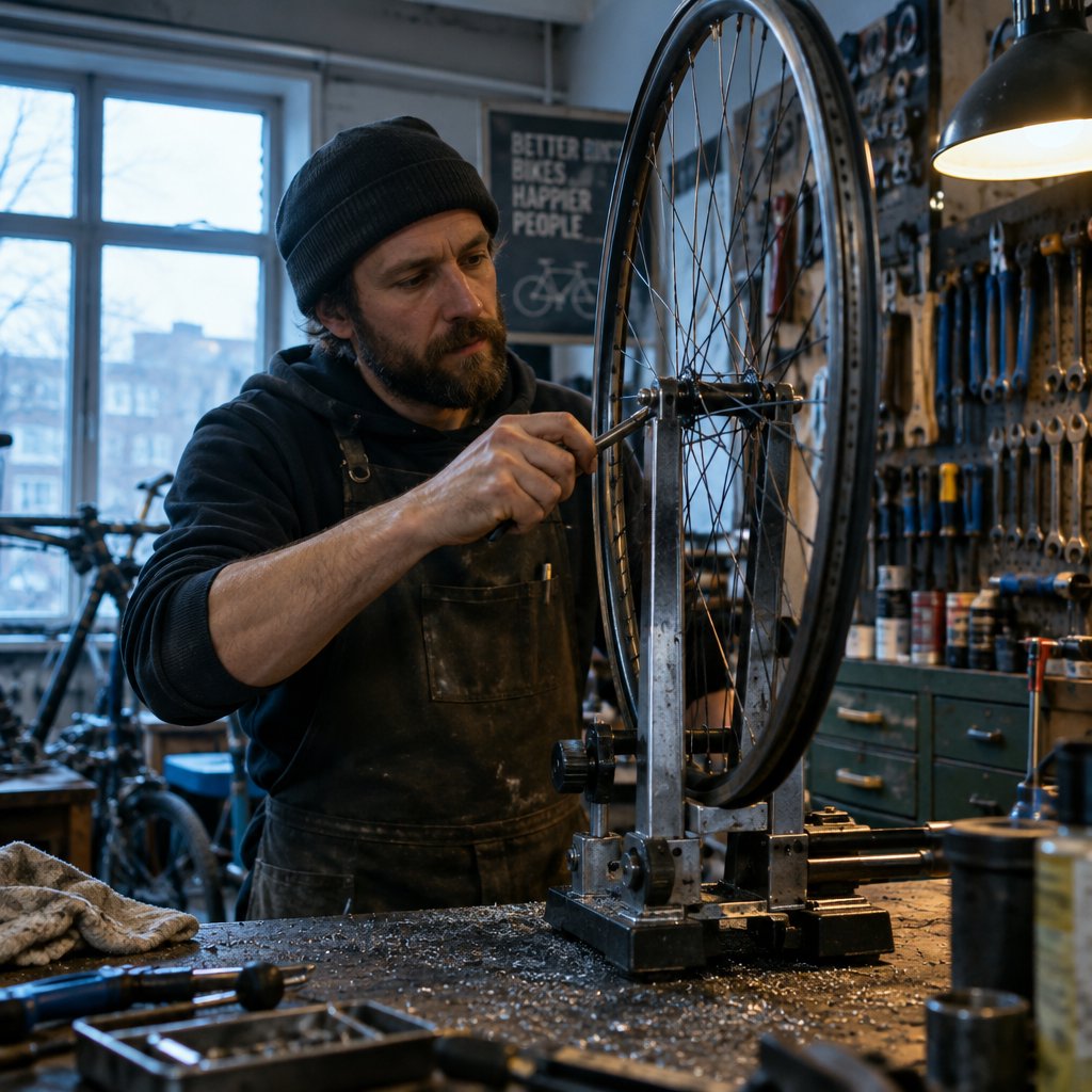 Candid documentary photograph of an adult bicycle mechanic tightening a wheel in a modest repair shop, cool window light mixing with a warm work lamp, 35mm lens with moderate depth of field, fine metal filings caught on the workbench. — GPT Image 2.5 Flare