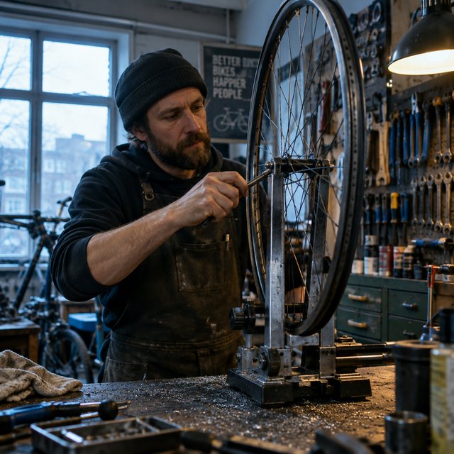 Candid documentary photograph of an adult bicycle mechanic tightening a wheel in a modest repair shop, cool window light mixing with a warm work lamp, 35mm lens with moderate depth of field, fine metal filings caught on the workbench. — GPT Image 2.5 Flare