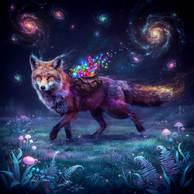 A celestial fox made of stardust and nebulae, carrying a satchel overflowing with glowing cosmic jewels, journeys through an ethereal dreamscape. Swirling galaxies and bioluminescent flora fill the background. The scene is rendered in a surreal, photorealistic style, emphasizing intricate details and a sense of infinite wonder. — Ideogram v4.5