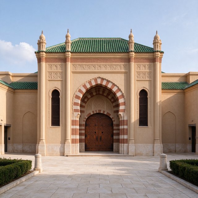 Exterior of a Moorish Revival municipal bathhouse, pale buff stucco, striped brick arches, green glazed tile roof and carved cedar doors; clear morning light, viewed across a paved courtyard, with coherent structure and crisp lines. — Seedream 5.0 Flash