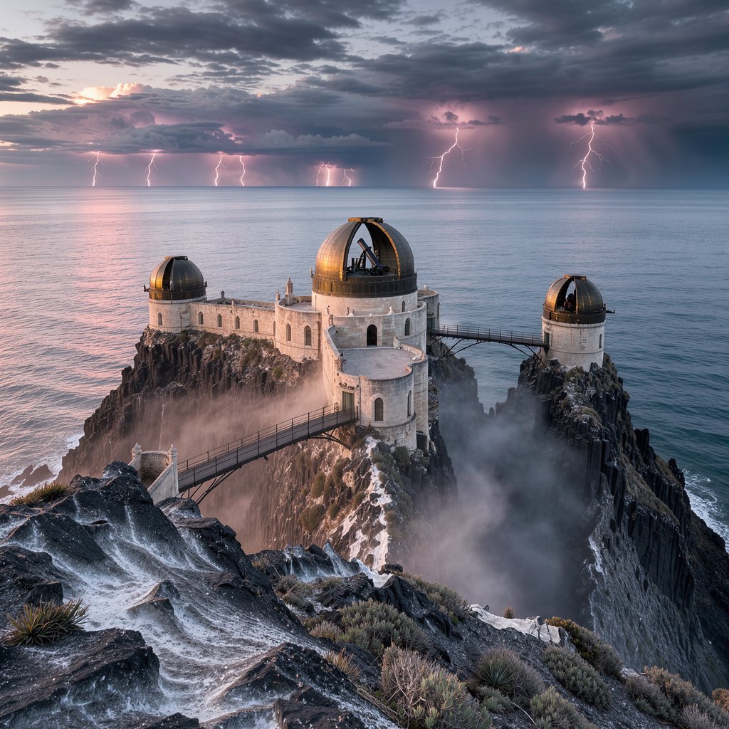 A wind-carved observatory crowns black cliffs above a silver inland sea, its open brass domes catching the last rose light. Salt mist drifts through suspended bridges as distant storms flicker beyond the horizon. — FLUX 3 Image